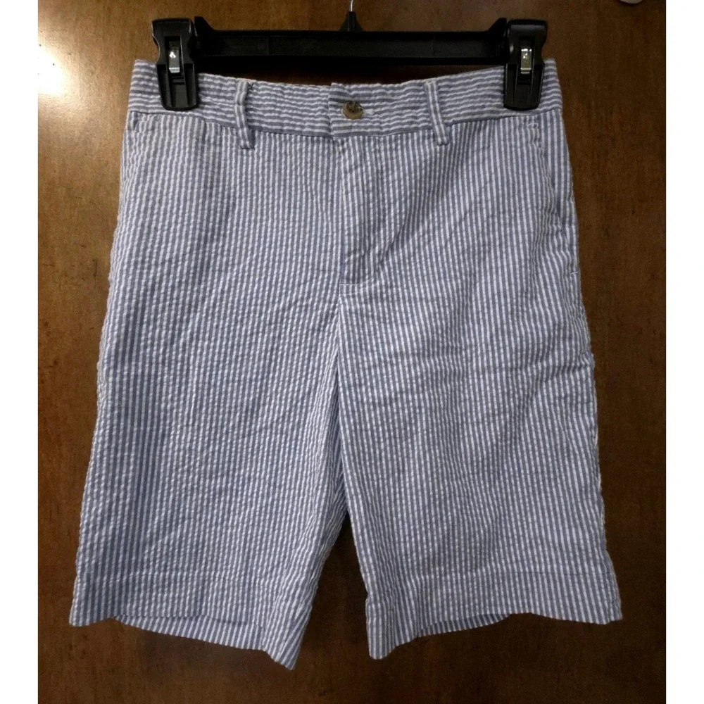 Polo Ralph Lauren Boys Blue White Seersucker Striped Shorts Size 12 Cotton Blend